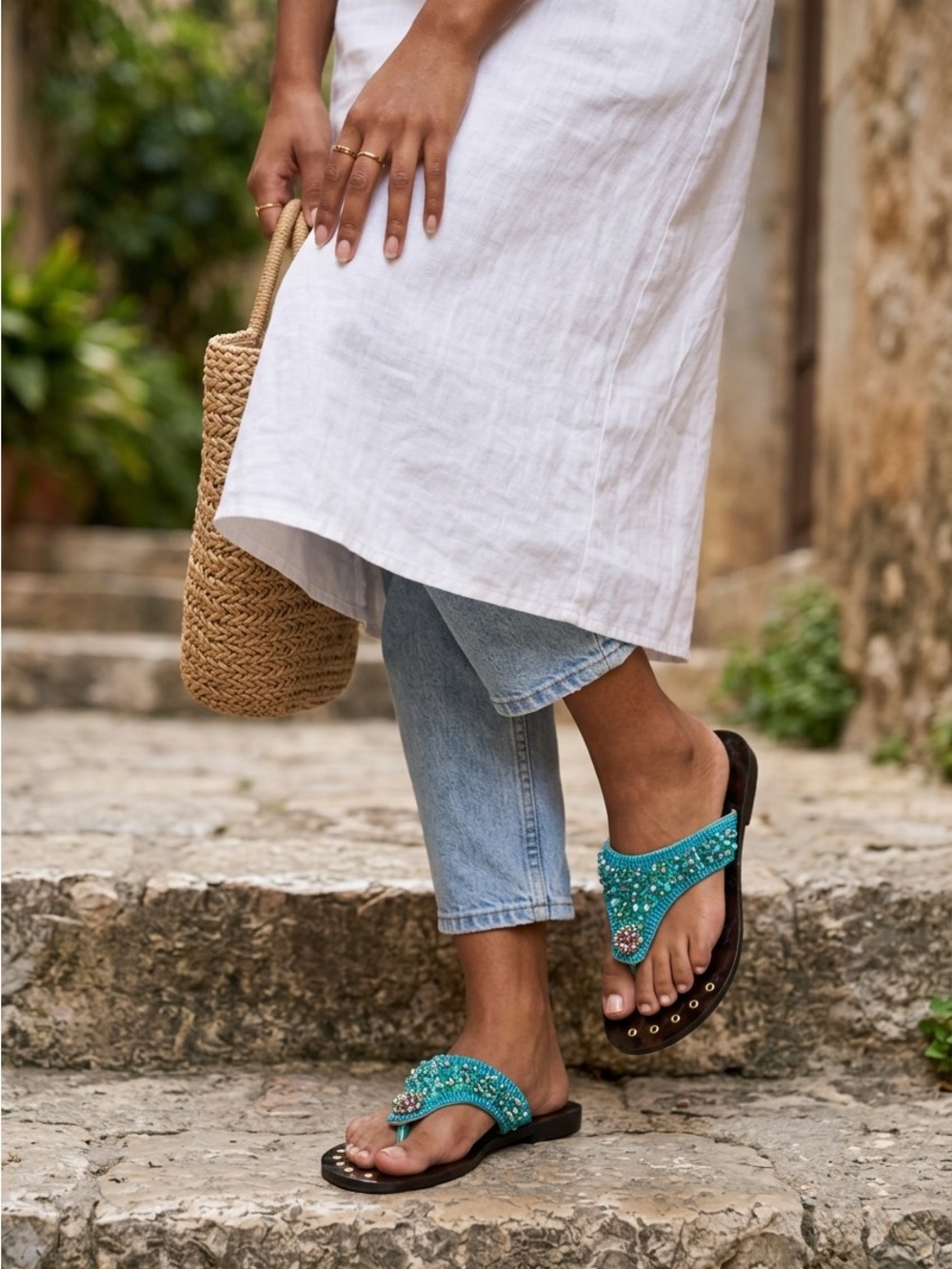 Beaded Teal/Turquoise Thong Sandals for Women size 7